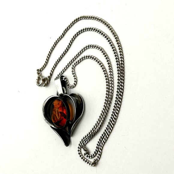 Vintage Baltic Amber Heart Pendant Necklace Sterling Silver 925 17” Chain - Picture 15 of 15